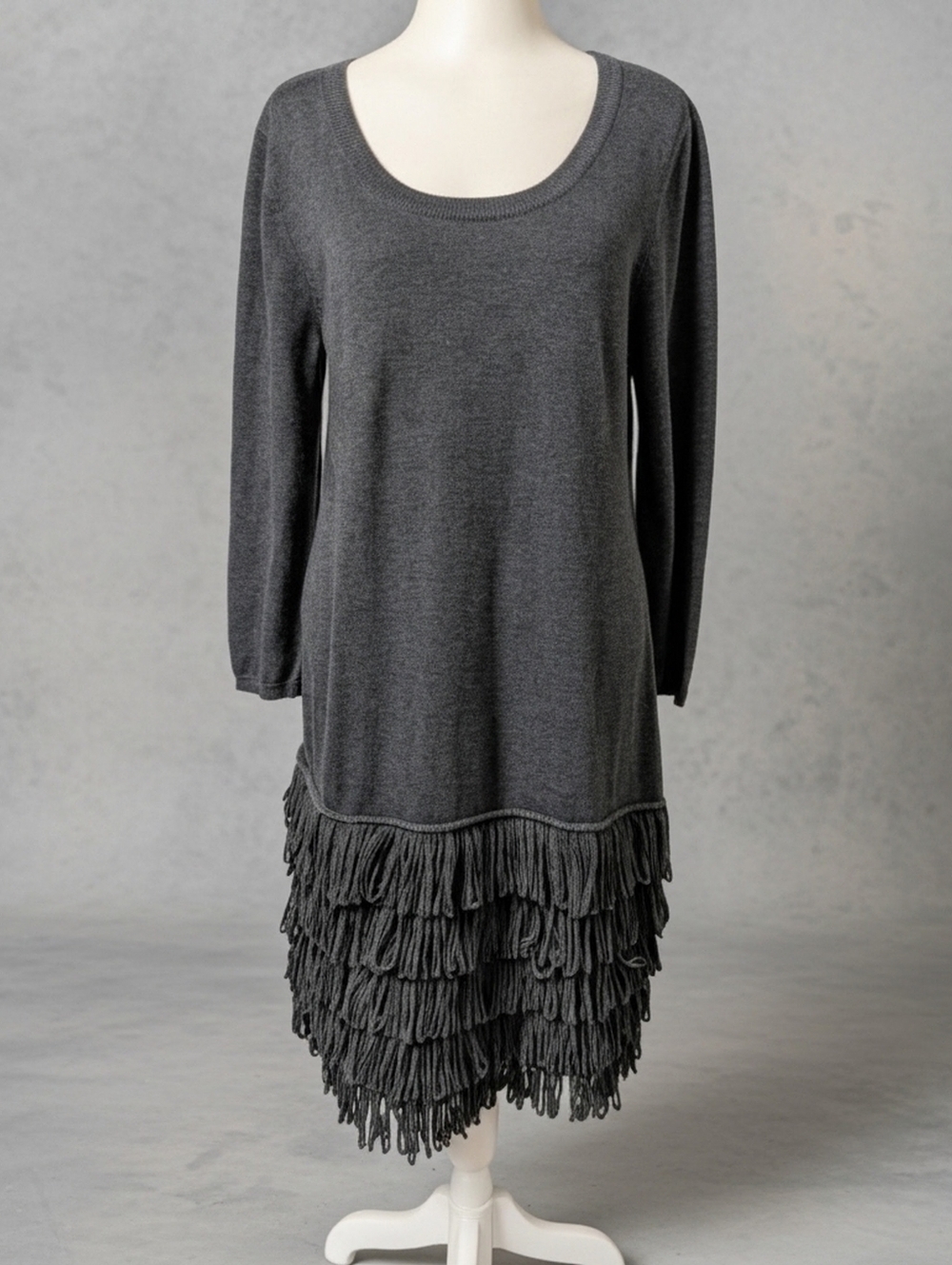 Calvin Klein Gray Fringe Hem Scoop Neck Long Sleeve Knit Midi Dress